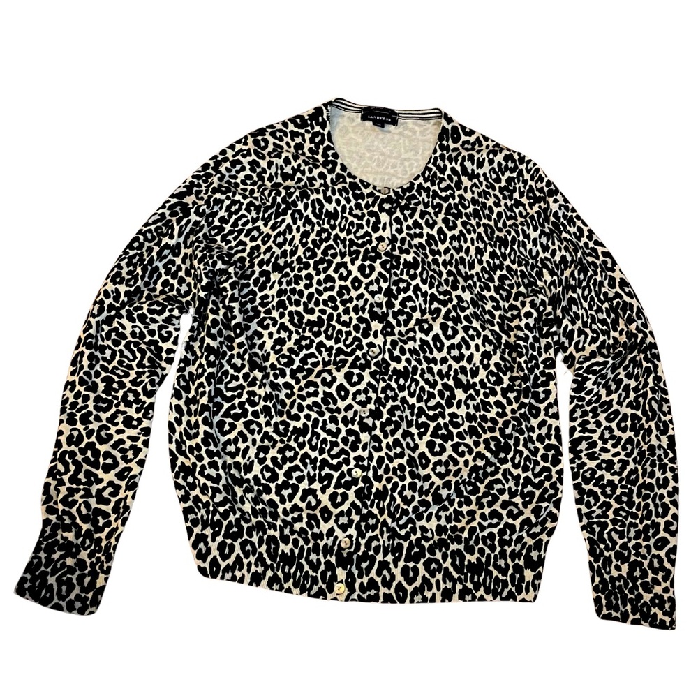 Lands End animal print black brown cardigan sweater size XL 18 supima cotton
